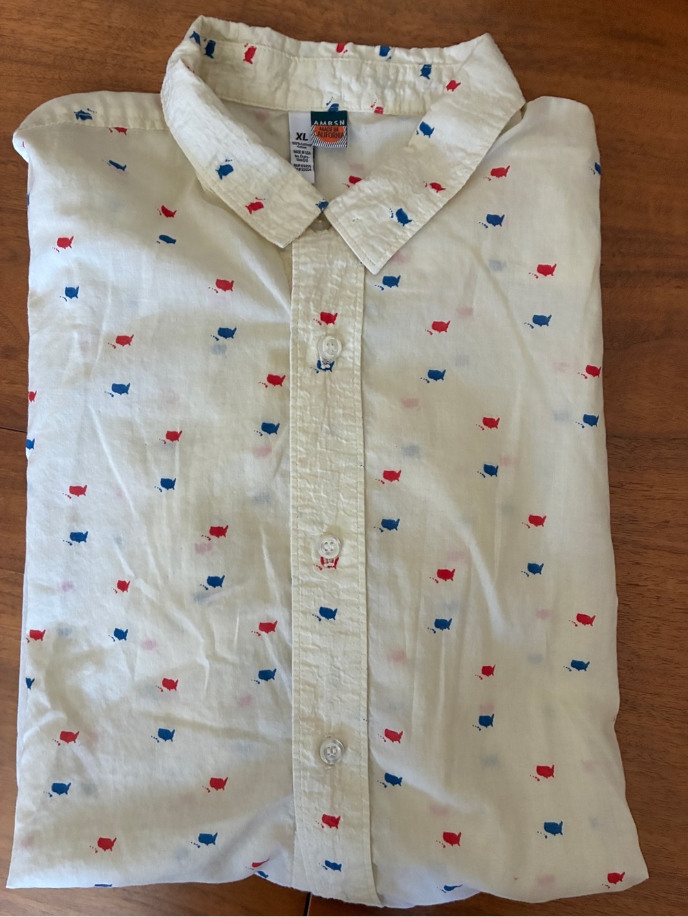 Vintage White 💯 Cotton Shirt with Red & Blue Micro Print - XL